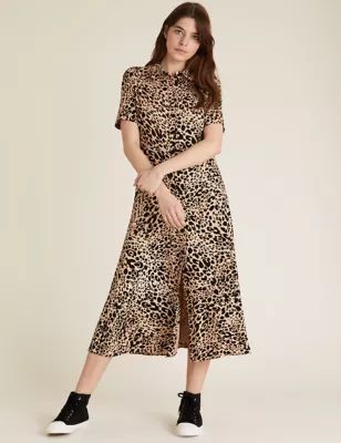 Womens Animal Print Midi Shirt Dress