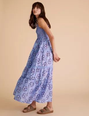 M&S Per Una Womens Pure Cotton Floral Midaxi Tiered Dress