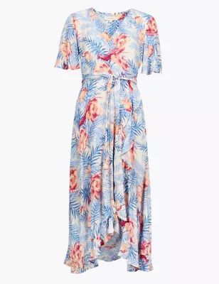 M&S Per Una Womens Crepe Floral V-Neck Midi Wrap Dress