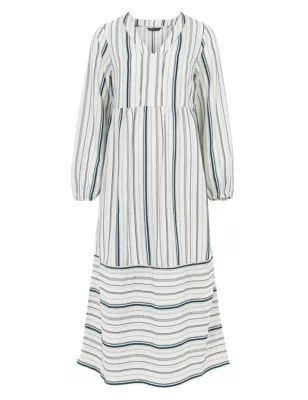 Womens Cotton Striped V-Neck Midaxi Tiered Dress