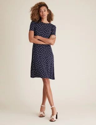 Womens Jersey Spot Print Knee Length Swing Dress