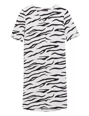 Womens Zebra Print V-Neck Knee Length Shift Dress