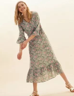 M&S Per Una Womens Floral Print V-Neck Midi Swing Dress