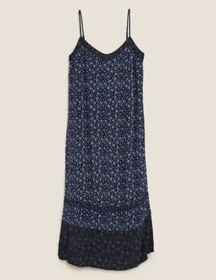 Womens Printed V-Neck Midi Slip Dress