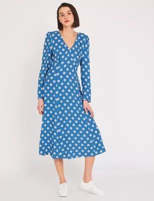 M&S Finery London Womens Polka Dot Print V Neck Midi Tea Dress