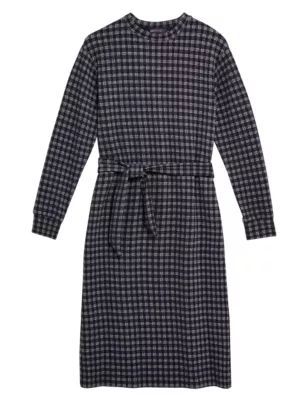 Womens Checked Belted Midi Shift Dress