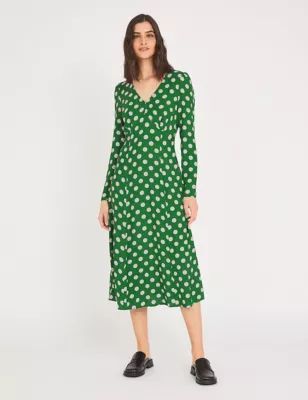 M&S Finery London Womens Crepe Polka Dot V-Neck Midi Tea Dress