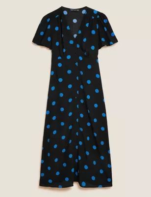 Womens Polka Dot Button Through Midi Tea Dress