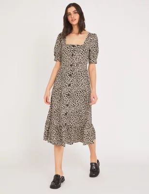 M&S Finery London Womens Pure Cotton Animal Print Midi Waisted Dress