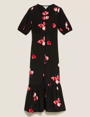 Womens Floral V-Neck Button Through Midi Tea Dress