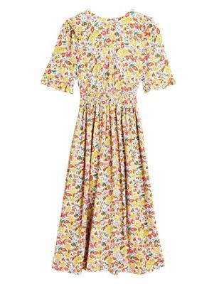 Womens Floral Frill Detail Shirred Midi Tea Dress