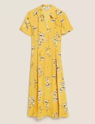 M&S Autograph Womens Floral Collared Midi Shirt Dress with Linen