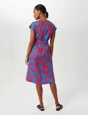 M&S Hobbs Womens Pure Linen Floral V-Neck Belted Shift Dress