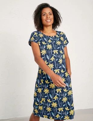 M&S Seasalt Cornwall Womens Linen Rich Floral Knee Length Shift Dress