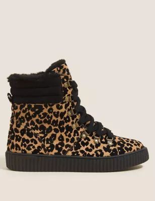 Womens Wide Fit Animal Print Flatform Ankle Boots