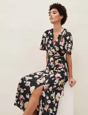 Womens Floral V-Neck Tie Front Midaxi Wrap Dress
