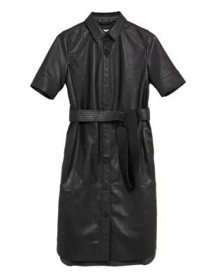Womens Leather Belted Midi Shirt Dress