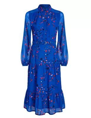 Womens Floral Belted Midi Shirt Dress