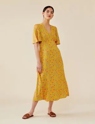Womens Floral V-Neck Short Sleeve Midi Tea Dress
