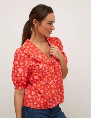 Womens Pure Cotton Heart Print Smocked Blouse