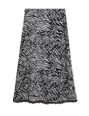 Womens Animal Print Lace Trim Midi A-Line Skirt