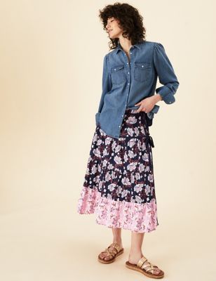 Womens Pure Cotton Floral Tie Wrap Midi Skirt