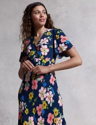 Womens Floral V-Neck Angel Sleeve Midi Tea Dress