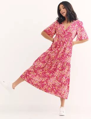 Womens Floral V-Neck Midi Tiered Wrap Dress
