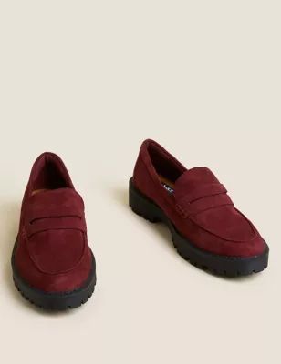 Womens Suede Cleated Block Heel Loafers