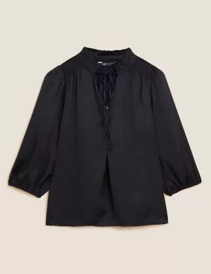 Womens Tie Neck Frill Detail 3/4 Sleeve Blouse
