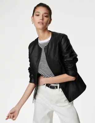 Womens Leather Collarless Jacket