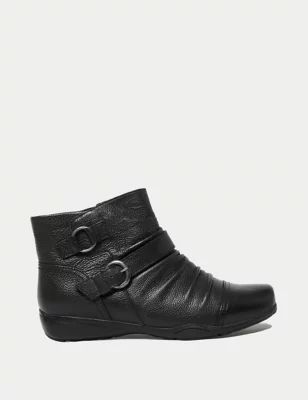 Womens Wide Fit Leather Buckle Ruched Ankle Boots