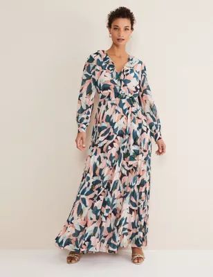 Womens Printed V-Neck Maxi Column Dress