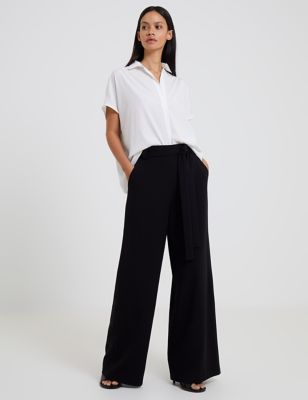 Womens Belted Relaxed Wide Leg Trousers