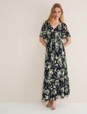 Womens Floral V-Neck Belted Maxi Tiered Dress