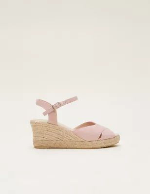Womens Leather Ankle Strap Wedge Espadrilles