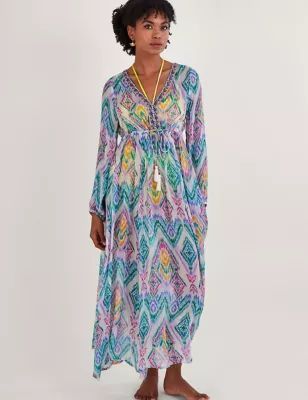 Womens Printed V-Neck Tie Front Maxi Waisted Dress