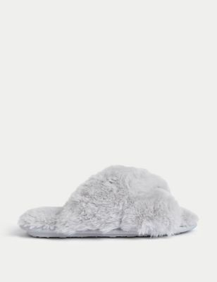 Womens Faux Fur Crossover Slider Slippers