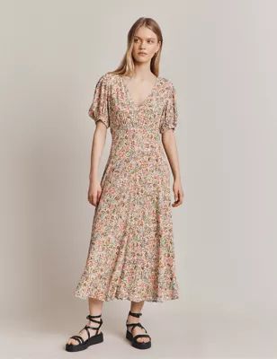 Womens Floral V-Neck Midi Tea Dress