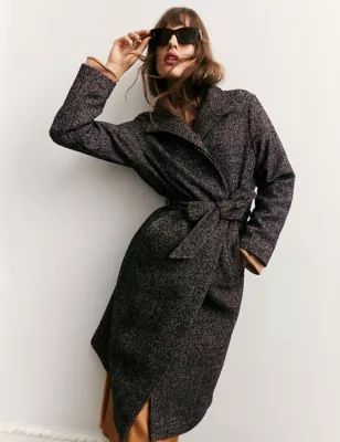 Womens Wool Blend Textured Belted Longline Coat
