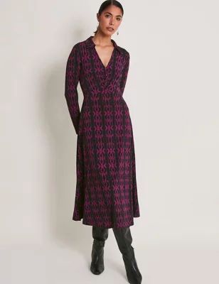 Womens Geometric Collared Midi Waisted Dress