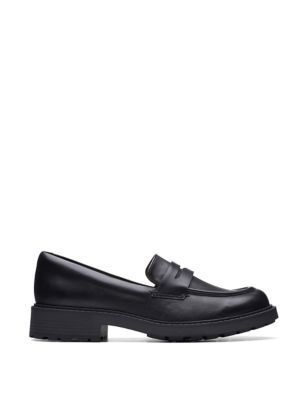 Womens Leather Chunky Block Heel Loafers