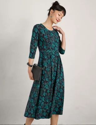 Womens Cotton Rich Floral Midi Waisted Dress