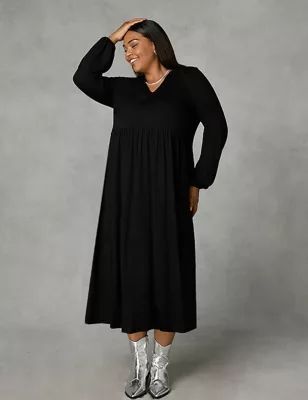 Womens Jersey V-Neck Midi Waisted Dress