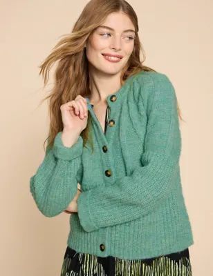 Womens Ribbed Button Front Cardigan with Wool