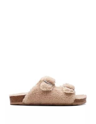 Womens Faux Shearling Buckle Slider Slippers