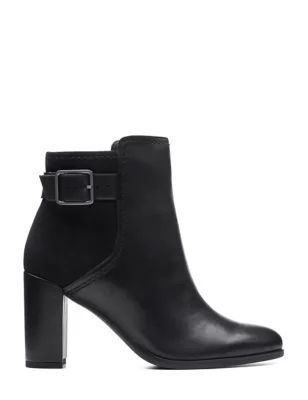 Womens Leather Buckle Block Heel Ankle Boots