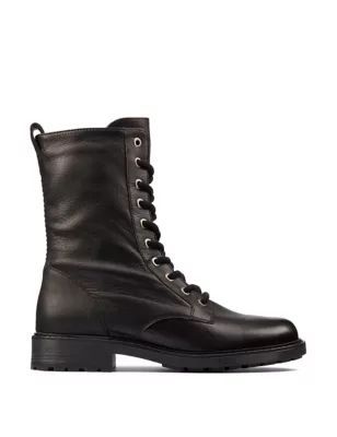 Womens Wide Fit Leather Lace Up Block Heel Boots