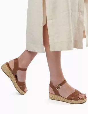 Womens Leather Ankle Strap Wedge Sandals