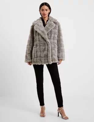 Womens Faux Fur Textured Collared Short Coat